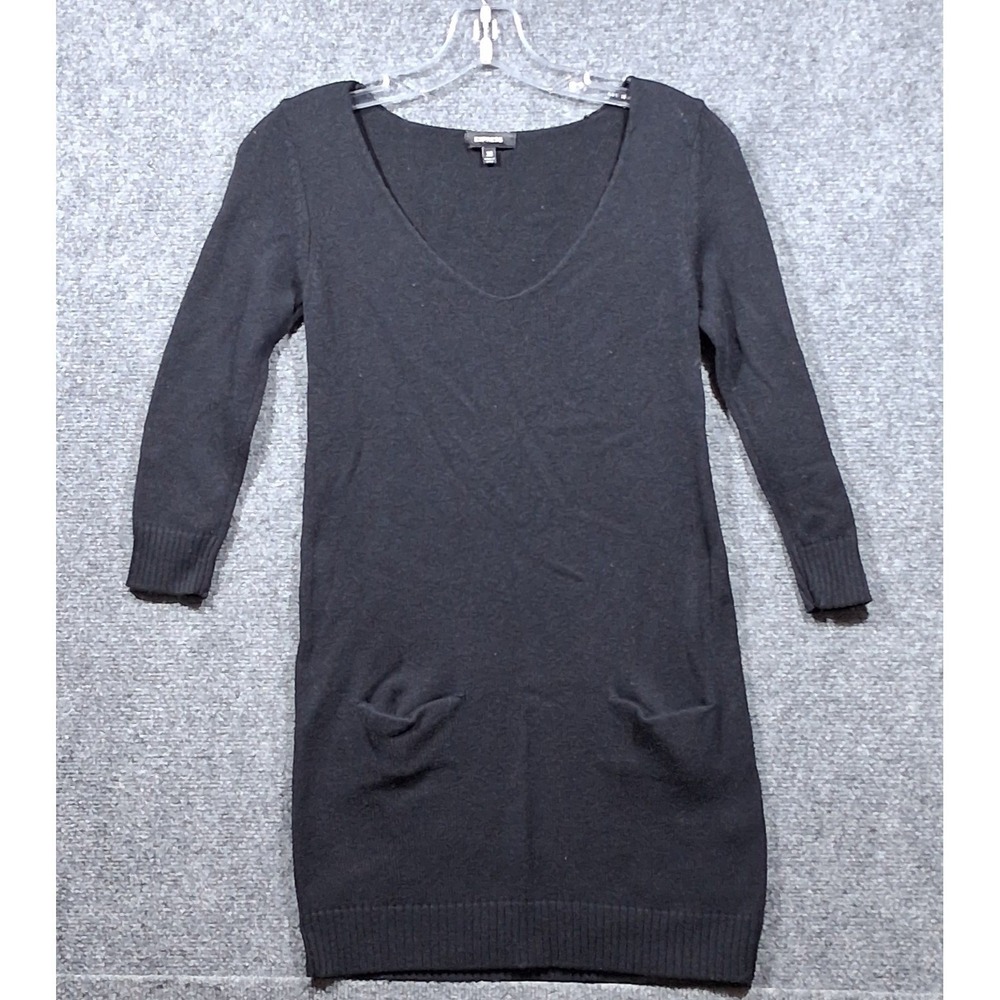 Express Womens Black V-Neck Wool Blend 3/4 Sleeve Mini Sweater Dress XS Pockets